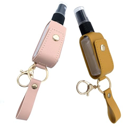OHEETU 2 Pcs 30ML/1OZ Travel Spray Bottle Keychain PU Leather Holders with Refillable Plastic Bottles for Backpack and Purse (Random Color)
