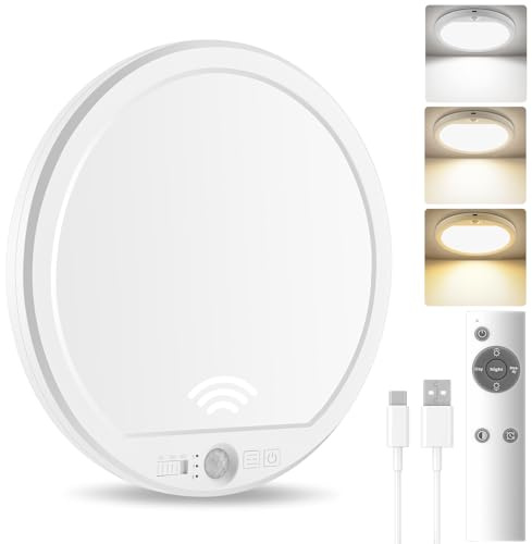 Oumida Led Akku Deckenleuchte mit Bewegungsmelder, Batteriebetrieben Deckenlampe mit Fernbedienung, Kabellose USB Aufladbare Lampe für Badezimmer Flur Keller Garage, ohne Stromanschluss, Rund (Weiß)