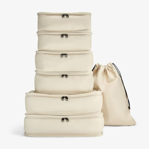 Rock 7 Piece Packing Cubes Set - Beige | Includes 6 Organisers & Laundry Bag - Grab Handles - Lightweight & Durable - Maximises Space - Ideal for Travel & Business
