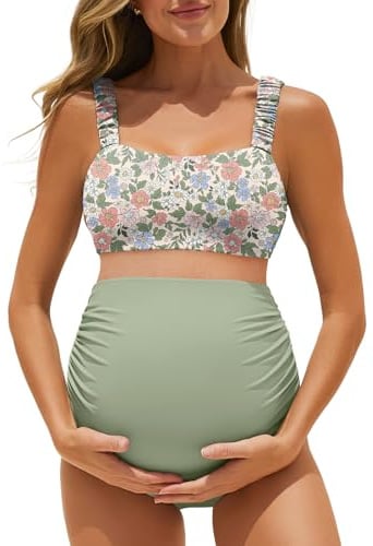 Summer Mae Maillot de bain de maternité côtelé pour femme, taille haute, deux pièces, haut court, maillot de bain de grossesse