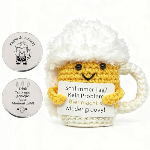 lustige Geburtstagsgeschenk Bier Geschenke für Männer Glücksbringer Bier | Anti Stress Bier Puppe Bier Geschenke Männe Stress Gift Emotional Support Handgestrickte Bierpuppe Glücksbringer Münze