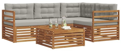 vidaXL Outdoor-Sofagarnitur mit Kissen 5 pcs Natürlich und Hellgrau, Outdoor-Sofa, Gartensofa, langlebige Möbel, modernes Terrassen-Set, gemütliche Lounge-Ecke