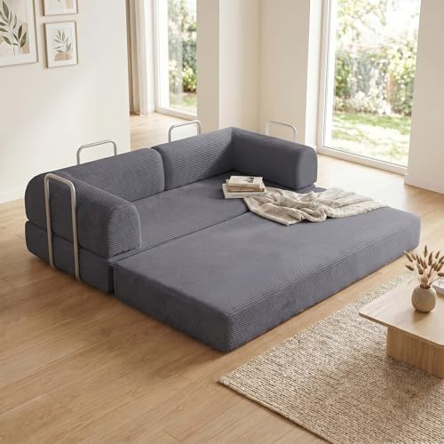 GRAVFORCE Schlafsofa – faltbares Bodensofa Bed mit Metallrahmen - Schlafsofa Klappbar 158cm breit - Compressed Sofa ohne Beine modulares Sofa Cord für Wohnzimmer Schlafzimmer Grau