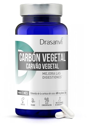 Carbon Vegetal Activado Drasanvi de Corteza de Coco en 60 Caps Natural | De Corteza de Coco, Capsulas Vegetales para Gases e Hinchazon, Sin Gluten y sin Alergenos, Facil de Tomar Diariamente