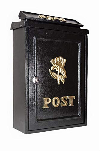 Traditional Cast Iron Wall Mounted Post Box with Polished Brass Tudor Rose Motif - Takes A4 Envelopes