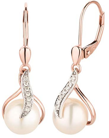 Ardeo Aurum Damen Hänge-Ohrringe aus 375 Gold bicolor Roségold Weißgold mit 0,07 ct Diamant Brillant 7,5 mm Perlen Brisuren Hänger Tropfen-Design