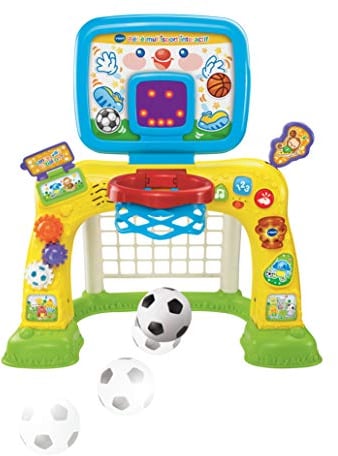 VTech - Interaktives Multi-Sport-Baby, Mehrfarbig, Motorik-Struktur für Babys, 2-in-1, Fußballtor, Basketballkorb mit Punktetabelle und Luftballons, Geschenk für Kinder ab 1 Jahr – Inhalt auf
