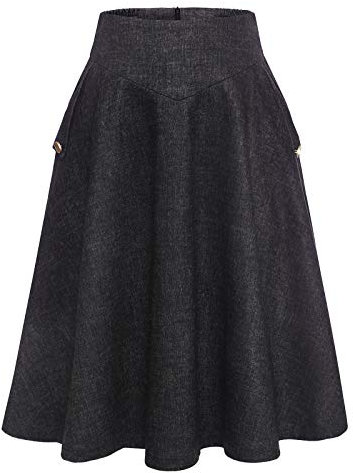 Damen Lang Vintage Elegant Plaid Winterrock - Warm Elastische Taille A-Linie Röcke Casual Hohe Taille Midi Rock - Black L