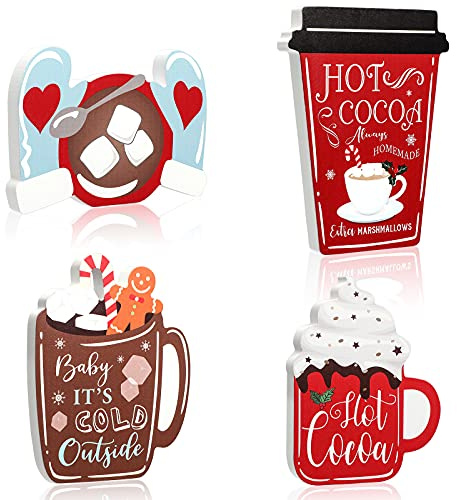 4 Pieces Christmas Hot Cocoa Tiered Tray Decor Christmas Wooden Signs Hot Cocoa Decor Warm Winter Tabletop Wooden Block Sign Gingerbread Man Candy Holiday Table Centerpieces (Classic Style)