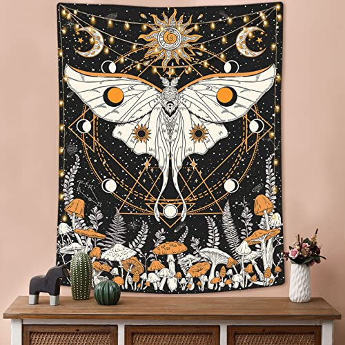 Accnicc Pilz-Wandteppich, Motten-Wandteppich, orange, Sonne, Mond und Stern, Wandbehang, Vintage, indisch, Hippie, schwarz, beige, Wohnzimmer (orange, 111.8x152.4 cm)