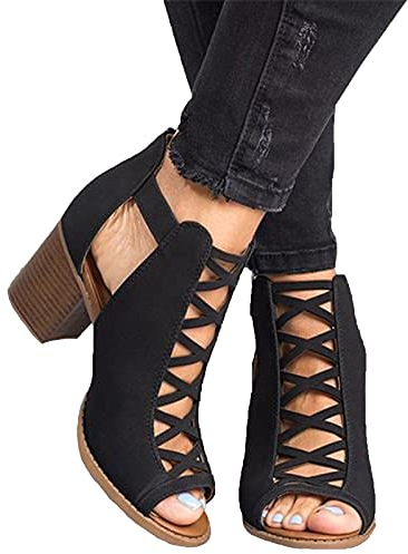 LLDG Damen Damen Römersandalen mit Blockabsatz Mode Wedge Peep Toe Schnalle Sandaletten Retro Römische Fischmaul Sandaletten Elegant Stiefeletten Aushöhlen Sommer Offene Schuhe Absatzschuhe