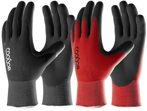 COOLJOB Work Gloves, 2 Pairs Gardening Gloves for Men, Breathable Rubber Coated Work, Working Large Size Fits Most, Black & Red (M)
