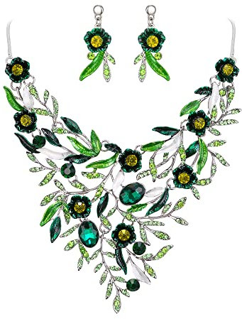 Clearine Blatt und Blume Schmuckset Hochzeit Braut Cluster für Damen Party Kristall Emaille Erklärung Halskette und baumeln Ohrringe Schmuck Set Smaragd Grün Silber Ton