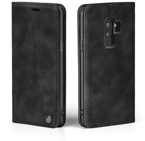 LBH Handyhülle für Samsung Galaxy S9+ in Schwarz mit Karten- und Geldfach Smartphone Hülle mit Standfunktion Flip Case Schutzhülle Magnetverschluss Vintage