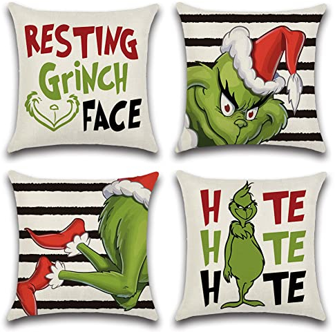 Ohok 4er Set Dekorativ Kissenbezug 45x45 cm, Polyester Leinen Zierkissenbezüge Weihnachten Kissenbezüge Deko Kissenhülle Set für Schlafzimmer Wohnzimmer Sofa Couch Auto (Streifen G)