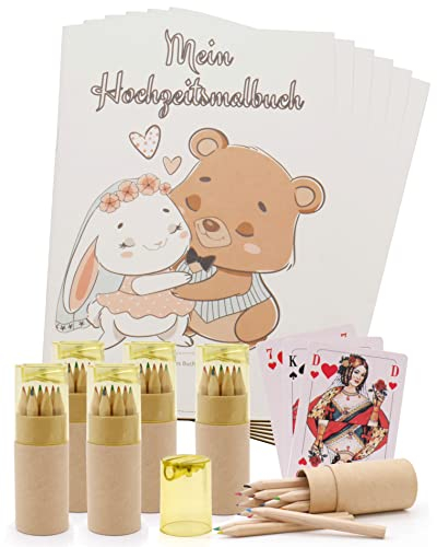 BO LIFE Hochzeitsmalbuch Set für Kinder. Zur Beschäftigung der kleinen Hochzeitsgäste auf ihrer Hochzeit. 6x Malbücher, 6x 12 Buntstifte mit Box und Anspitzer im Deckel und einem Kartenspiel.