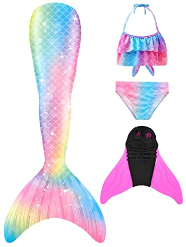 Pyjacos meerjungfrauenflosse mädchen Badeanzug - Meerjungfrau Flosse Bademode mit Bikini Set und Monoflosse Mermaid Tail, 4 Stück Set，4pinkseM1-140