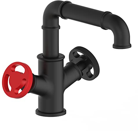 Robinet de lavabo Steampunk industriel Pipe Style salle de bain Robinet de lavabo 1 trou 2 poignées en laiton massif Robinet commercial 360 ° bec pivotant (noir et rouge)