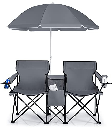 COSTWAY Sillas de Camping con Sombrilla Silla Plegable Taburete de Pesca Doble con Portavasos para Exterior Picnic Senderismo Barbacoa (Gris)