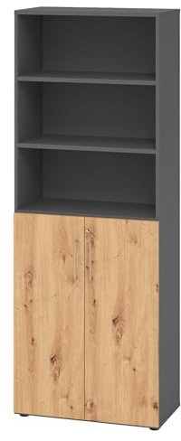 bümö Aktenregal & Schrank abschließbar, Büroschrank Regal Kombination Holz 80cm breit in Graphit/Asteiche - abschließbarer Schrank für's Büro & Arbeitszimmer, Büro Möbel Ordnerschrank