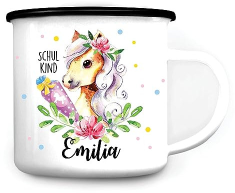 Wandtattoo Loft Kindertasse mit Namen und Pferde Motiv, Emaille Tasse Kinder mit Namen, Camping Tasse Kinder, Kindertasse personalisiert, Schulkind Tasse mit Namen, Trinkbecher Mädchen Einschulung