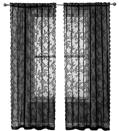 MYAYD Spitze Vorhang, 2 Stück Küchen Gardine Blumen bestickte Gardinen,gestrickter Jacquard-Vorhang für Schlafzimmer, Wohnzimmer,Gaze, Retro-Stil, Vintage B150×H200cm (Schwarz)