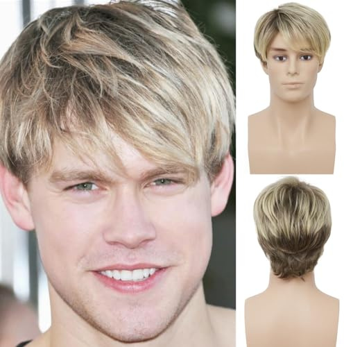 Dai Cloud Blonde Herrenperücke, kurz, geschichtet, synthetischer Ersatz, Kostüm, Halloween, Naturhaarperücke