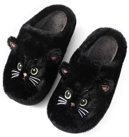 Puimentiua Mignon Chat Pantoufle Femme, Hiver Dessin Animé Chaussons Pantoufles Chat Femme Confortable AntidéRapant Chaussons Homme Fourrure Mules Pantoufles, Noir, 42-43