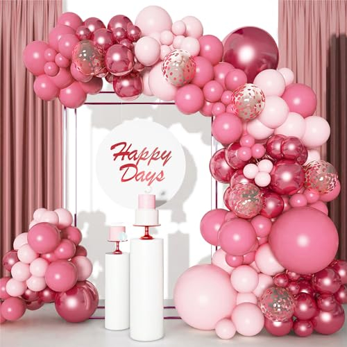 Retro Rosa Luftballons Girlande, 106Stk Hot Pinke Rot balloon Girlande Set, Rosa Ballon Bogen mit Konfetti Ballon für Frau Mädchen Geburtstag Party Dekoration, Brautparty Babyparty, Hochzeit Verlobung