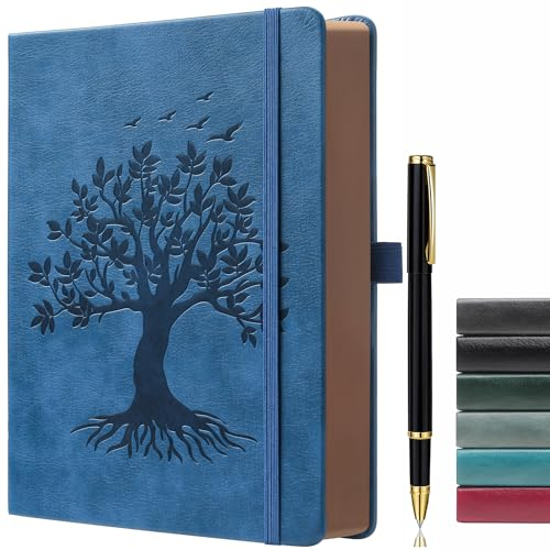 ZXHQ B5-Notizbuch mit 360 linierten Seiten und Stift, Schreibjournal für Damen und Herren, Design „Tree of Life“, braune Seitenränder, feine Innentasche, Blau