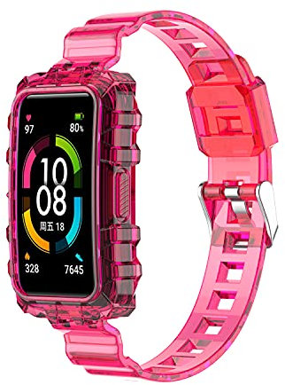 SMYAOSI Correa Compatible con Huawei Honor Band 7/Huawei Band 7/Huawei Band 6/Huawei Band 6 Pro, Silicona Pulseras Deportiva Banda de Estuche Protector, Muñequera Ajustable (Clear Rosa)