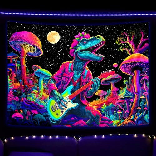 SAOLUIS Schwarzlicht-Dinosaurier-Wandteppich, lustiger Neon-Dinosaurier-Pilz-Wandteppich, UV-reaktiver Wandbehang, Schwarzlicht-ästhetischer Wandteppich für Herren, Jungen, Schlafzimmer,
