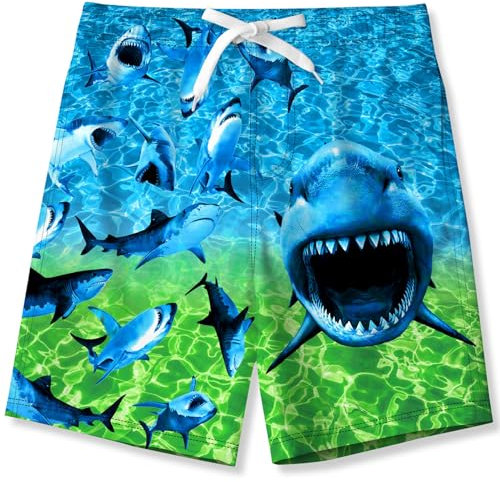 Fanient Badehose Jungen Badeshorts Jungen Blaugrüner Hai Drucken Boardshorts mit Netzfutter Taschen Sommer Badeshorts 9-10 Jahre