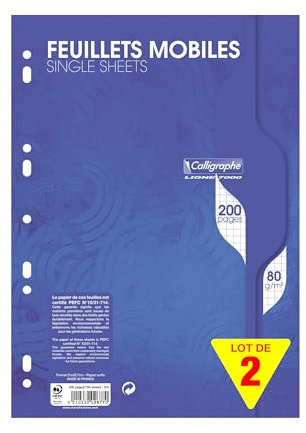 Calligraphe 2677AMZC Un lot de 2 Paquets de Copies Perforées : 200 Pages FEUILLETS MOBILES 80g + 200 Pages COPIES DOUBLES 70g - A4 21x29,7 cm - Petits Carreaux 5x5
