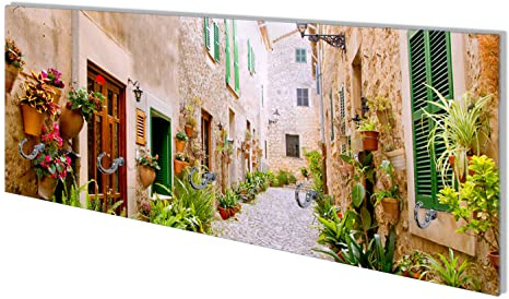 Wallario Wandgarderobe aus Glas in Größe 80 x 30 cm mit Memoboard-Funktion, Motiv: Südländische Gasse mit Alten Häusern und grüner Oase | 5 Kleiderhaken zum Aufhängen von Jacken