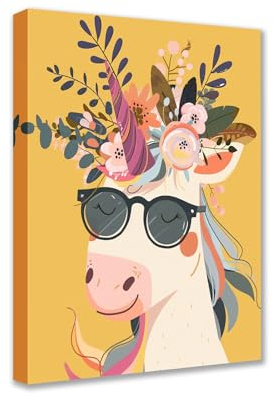 Poster imprimé de fleurs d'animaux rêveurs - Illustration de licorne souriante portant des nuances de chapeau de paille - 1 toile murale - Décoration d'intérieur pour salon - Encadrée - Prêt à