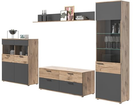 Inn.Furn Wohnwand Nox Eiche und Basalt grau Wohnkombination 4-teilig 327 x 200 cm Tomaso (Set 1)