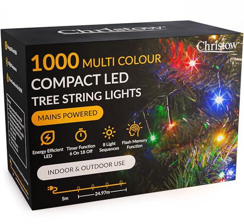 CHRISTOW 7ft Christmas Tree Lights, 1000 Multi-Coloured LED Fairy Lights with Timer, 8 Light Modes, Energy Efficient 3mm LEDs, Indoor & Outdoor, Mains Powered, Green Cable (24.97m Lit Length)