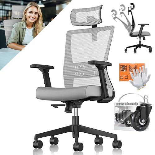 KESSER® Bürostuhl Ergonomisch mit verstellbaren Armlehnen | Drehstuhl mit Lendenwirbelstütze Rückenschonend | Schreibtischstuhl mit Kopfstütze | Office Chair Wippfunktion bis 125° mit 5X Gummirollen