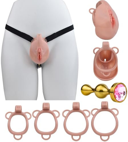 TOUNID Kunstharz Künstlicher vaginaler Keuschheitskäfig 4 Penisringe Tragbarer Analplug Realistisches Chastity cage Peniskäfig Keuschheitsgürtel Analdilatator SM Sextoy Männer Frauen (Fleischfarbe)