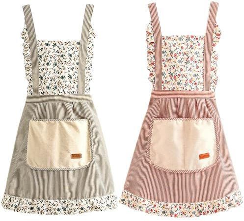 Hwtcjx Küchenschürze, 2 Stück Schürze mit Taschen, Verstellbare Küchen Schürze, Maschinenwaschbar Küchenschürzen, Schürze für Männer Damen Küche Restaurant Café (Grün, Kaffee)