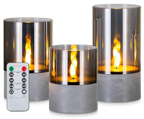 Candeldo Led Kerzen mit Timerfunktion Fernbedienung: 3er Set Flackernde Led Kerze mit Timer Elektrische Kerzen Grau Deko Wohnzimmer Badezimmer Modern Flammenlose Kerzen für Adventskranz Weihnachtsdeko