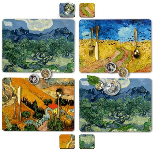 Moderry Tischsets aus Kork, hitzebeständig, mit 4 passenden Getränkeuntersetzern, Van-Gogh-Kunst-Design, 40,6 x 30,5 cm, harte Platzsets mit Unterseite aus Kork (Horizonte von Licht und Schatten)