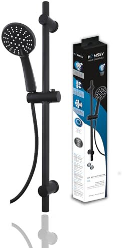 HOMSSY - Barre de Douche Réglable Noir Mat 70 cm – Ensemble de Douche en Acier Inoxydable avec Pommeau 5 Jets, Flexible 1,75 m et Support Ajustable