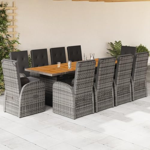 IKAYAA Gartenmöbel Set mit Holz Tisch und 10 Verstellbare Hochlehner Stühlen, Rattan Essgruppe für 10 Personen, Gartenmöbel Essgruppe, Garten Sitzgruppe inkl. Sitzkissen Grau Type-18