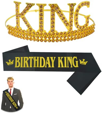 HweeWanX Geburtstagskrone Erwachsene Set, Geburtstagskrone Jungen und Schärpe Geburtstag mit BIRTHDAY KING Druck, 30 Geburtstag Deko für Männer, Party Zubehör, Schärpe Bedrucken