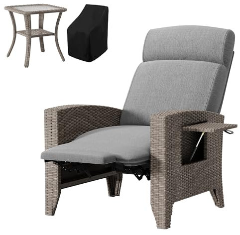 haiorjun Relaxsessel Garten Rattansessel Set, Gartensessel Wetterfest Rattan Sessel Outdoor mit Abdeckung und Beistelltisch, Ergonomische Relaxliege mit Verstellbarer Rückenlehne und Sitzkissen