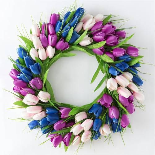 JOYWU Tulips Wreath for Front Door,45cm Artificial Pink Wreath with Tulip,Leaves and Bow,Spring,Summer Tulips Floral Wreaths,Spring Summer Door Decor,Artificial Flowers Wreaths (40cm-blue)