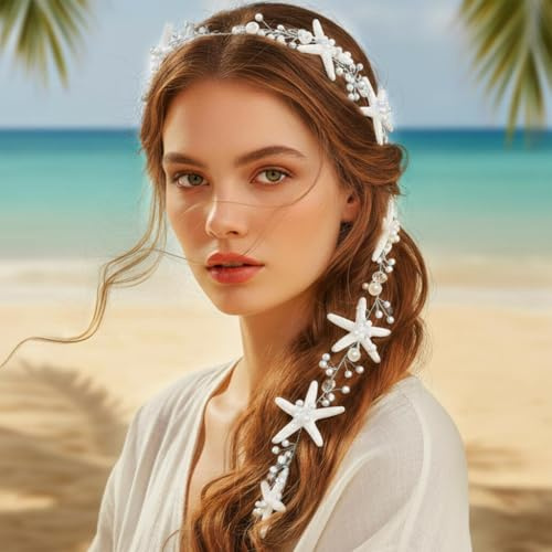 Atigy Seestern Hochzeits Stirnband silberne Perlen Braut Kopfschmuck Meerjungfrauen Strand Haarschmuck für Frauen (Silber, Einheitsgröße)