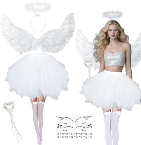 Engel Kostüm Damen Set, 80CM Engelsflügel Weiß Erwachsenes 6 Stück engelskostüm damen mit Heiligenschein engel flügel Tütü Rock Kniestrümpfe, engelkostüm für Karneval Halloween Fasching Verkleidung